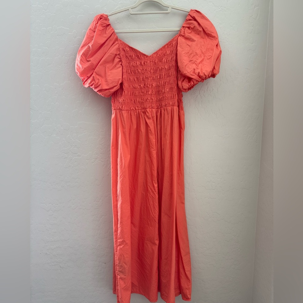 H&M Coral Puff Sleeve Smocked Midi Dress Women’s Large Cottagecore